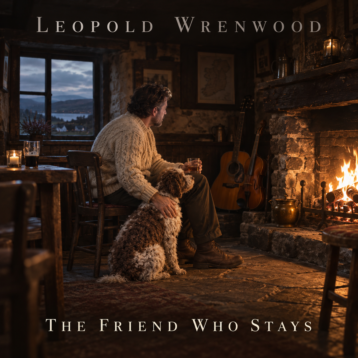The Friend Who Stays original cover, a man with his dog beside the fireplace