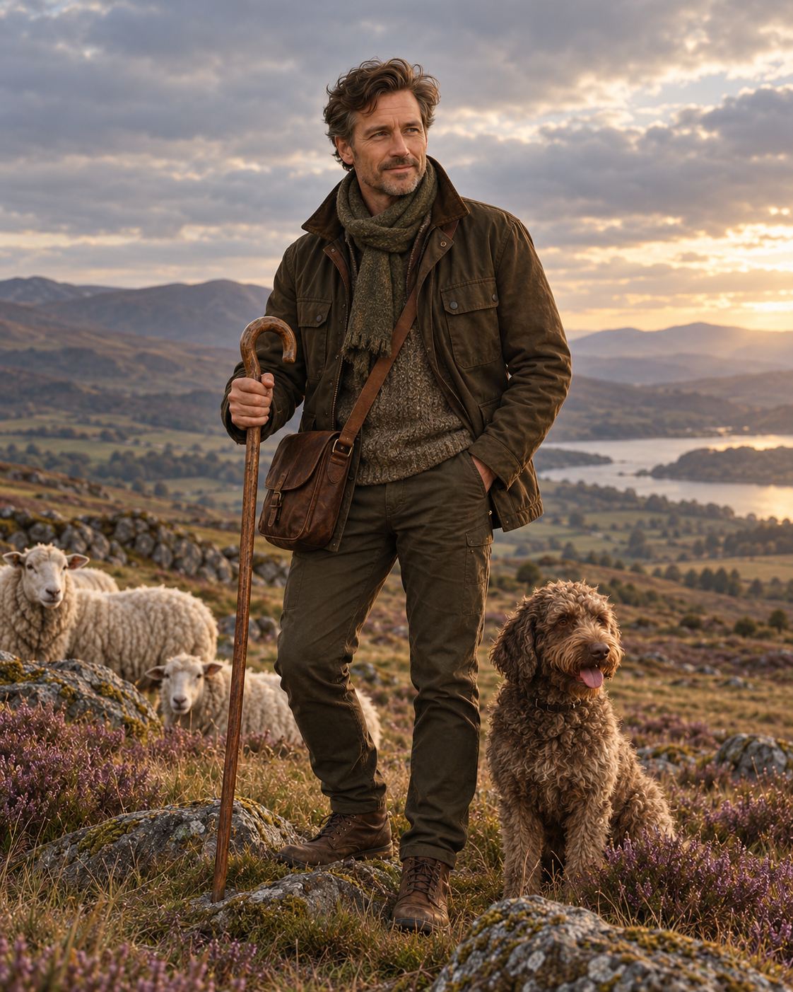 Artistic portrait of Leopold Wrenwood in a moorland landscape with sheep and a curly-haired dog